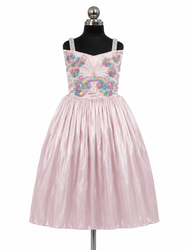 Pastel pink party dress with butterfly embellishments