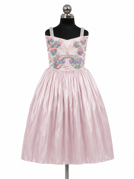 Pastel pink party dress with butterfly embellishments